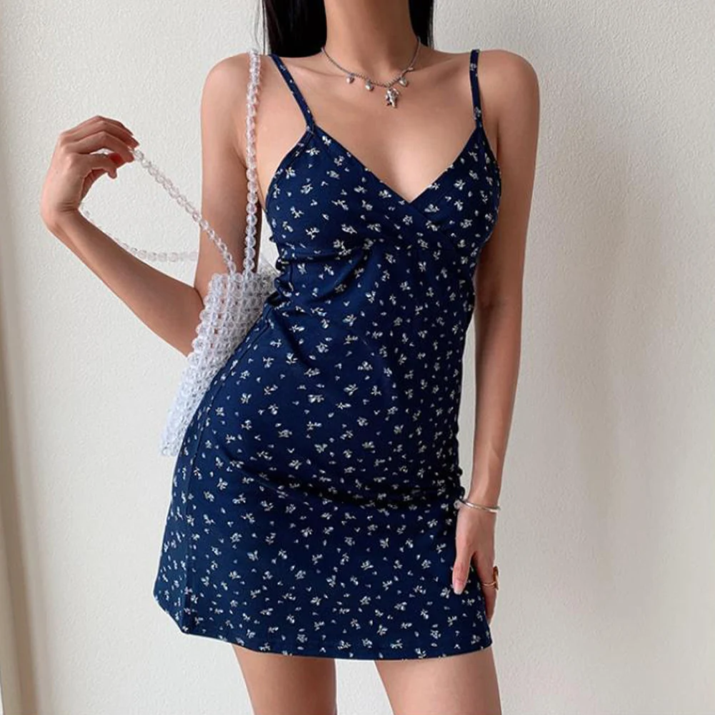 Y2K Vintage Floral Print Spaghetti Strap Dress For Women Slim Sleeveless V-Neck Summer Sexy Backless High Waist Patry Mini Dress