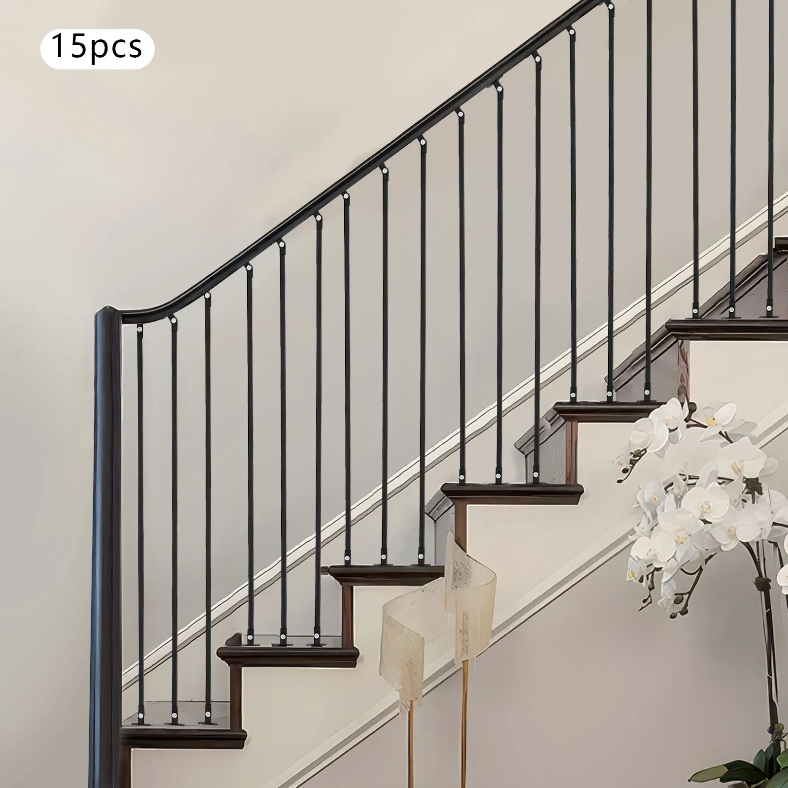 

Black Iron Railings with Base - 44.48X0.5In Standard Style, 15 Pieces, Sturdy Installation for Indoor Use