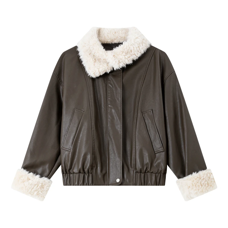 Kurtka damska VIMLY ze sztucznej skóry 2025 z pluszowym kołnierzem i mankietami, wiatroodporna kurtka motocyklowa, pikowana kurtka zimowa damska w kolorze kawowym, krótka, model 30556