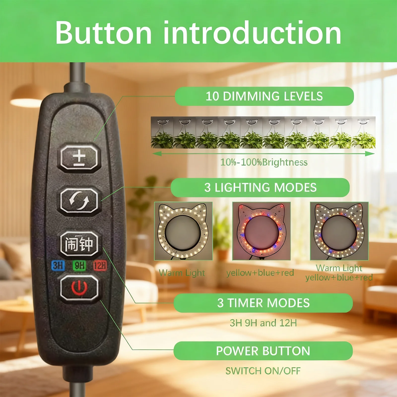 أضواء النمو للنباتات الداخلية، ضوء نباتي LED كامل الطيف، 3 أوضاع ألوان تنمو مصباح مع مؤقت 3/9/12 ساعة، 10 مستويات عكس الضوء #4