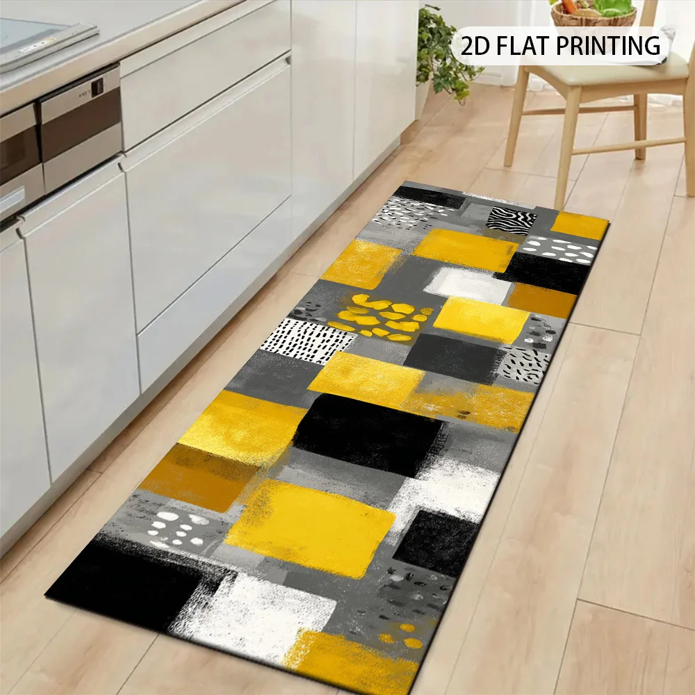 Abstract Multi Texture Yellow Grey Black Square Dot Print Runner Rug, Non-Slip Rug for Kitchen, Entryway, Bathroom & Living Room