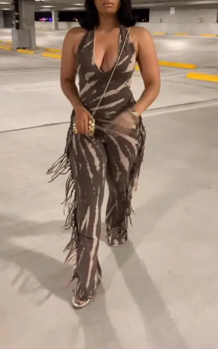 موضة جديدة 2025 مثير عادية أنيقة ومثيرة سليم صالح مطاطا عارية الذراعين هامش طباعة معلقة الرقبة حزام مايكرو متوهج بذلة