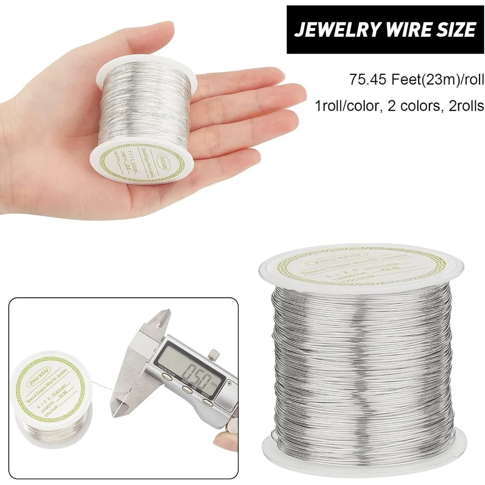 24 Gauge Jewelry Wire, 2 Rolls x 75 Feet Craft Wire Tarnish Resistant Copper Beading Wire Bailing Sculpting