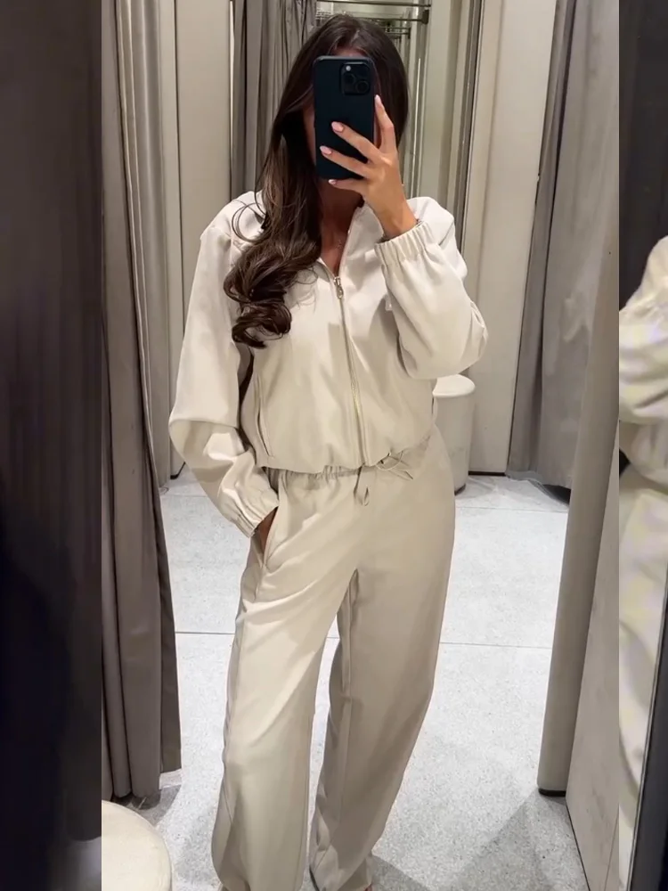 HH Frauen Mode Hosen Anzug Solide Lange Ärmel Tasche Mit Kapuze Zipper Kurze Jacke + Casual Lose Kordelzug Straße Breite bein Hosen