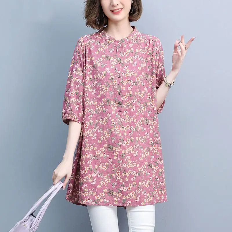 Summer Fashion Vintage Floral Print Oversized Cotton Linen Long Top Blouse Women Casual Half Sleeve Shirts Blusas Mujer Clothing