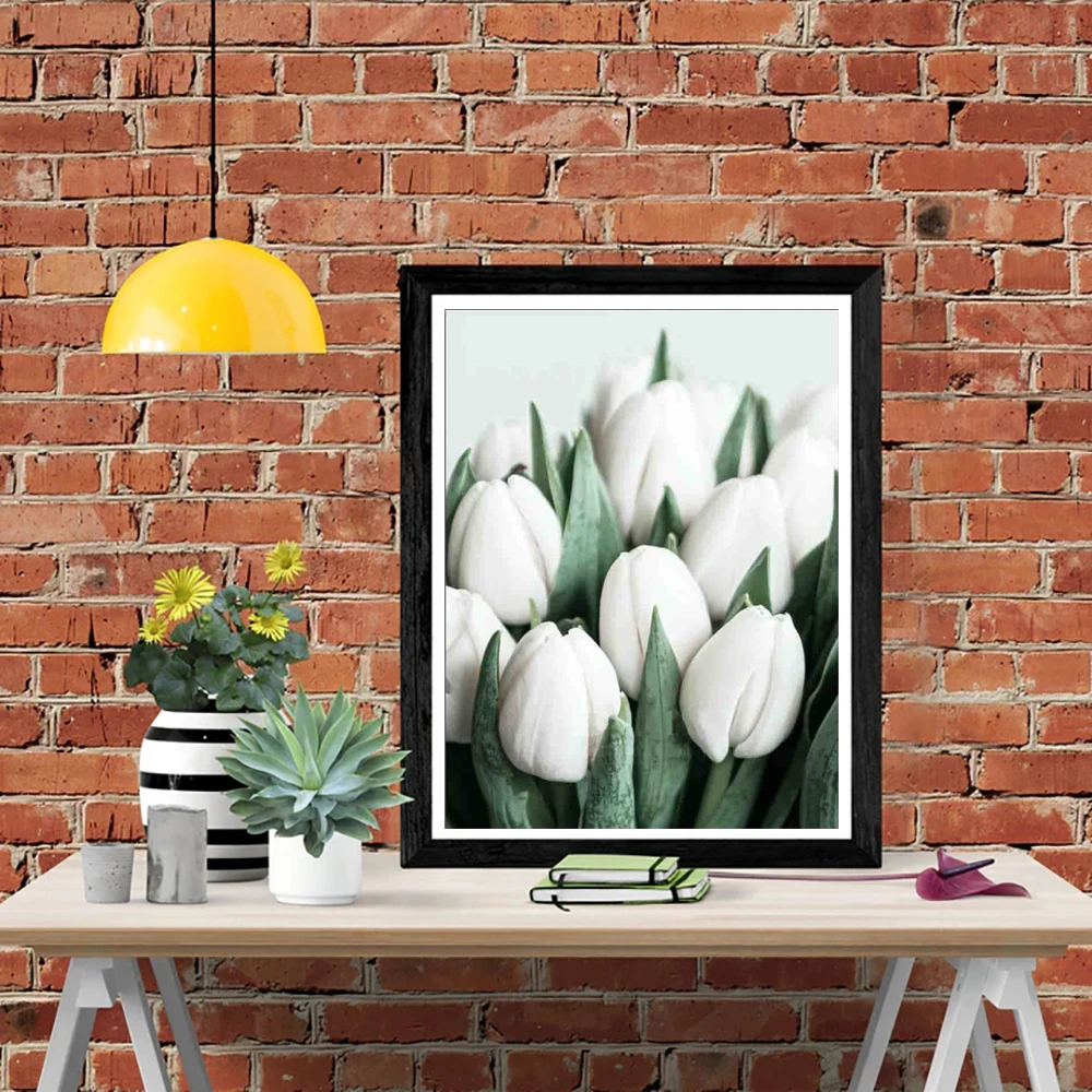 ZhuiStar Diy Diamond Painting White Tulips Flower Embroidery Landscape Full Drill Mosaic Mountain Cross Stitch Kits Wall Art