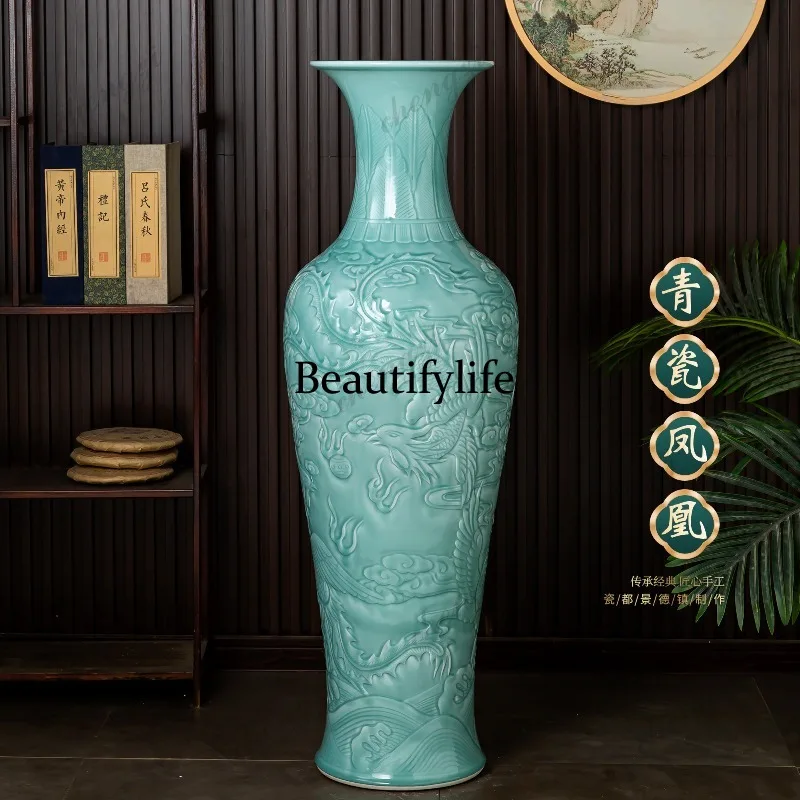 Ceramics, sapphire glaze carving, dragon pattern gold-painted large vase, light luxury ornament, new Chinese style