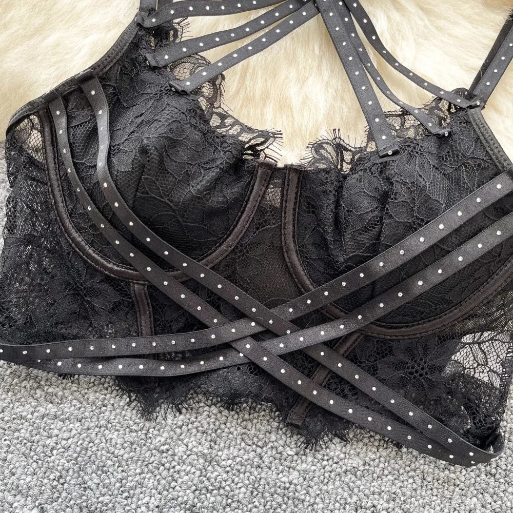 Women Hotsweet Lace Mesh Rhinestone Sexy Criss-Cross Halter Slim Straps Tank Camis Top Fashion Streetwear High Street Clothing