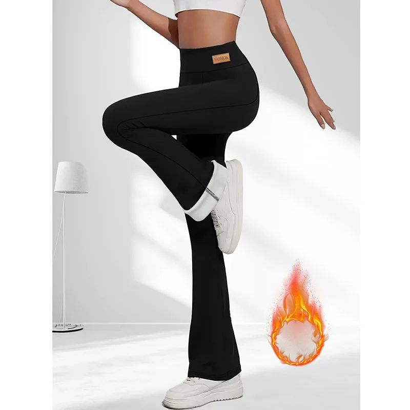 가을 겨울 여성용 플리스 안감 따뜻한 바지 하이웨이스트 슬림 탄력 블랙 플레어 팬츠 두꺼운 블랙 힙업 요가 바지