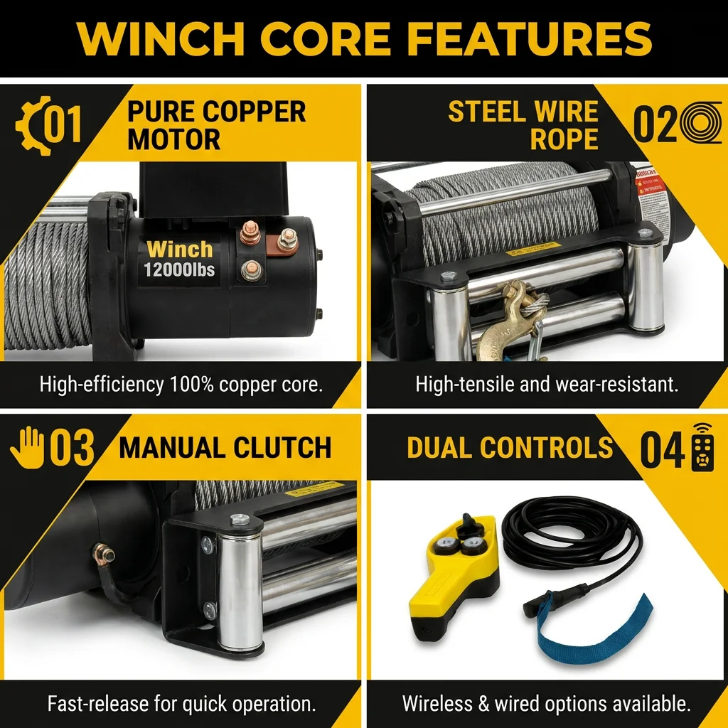 Portable 12V 24V 12000lbs Electric Winch with Remote Control Wire Rope for Auto Off-road Recovery Towing Professional Power Tool