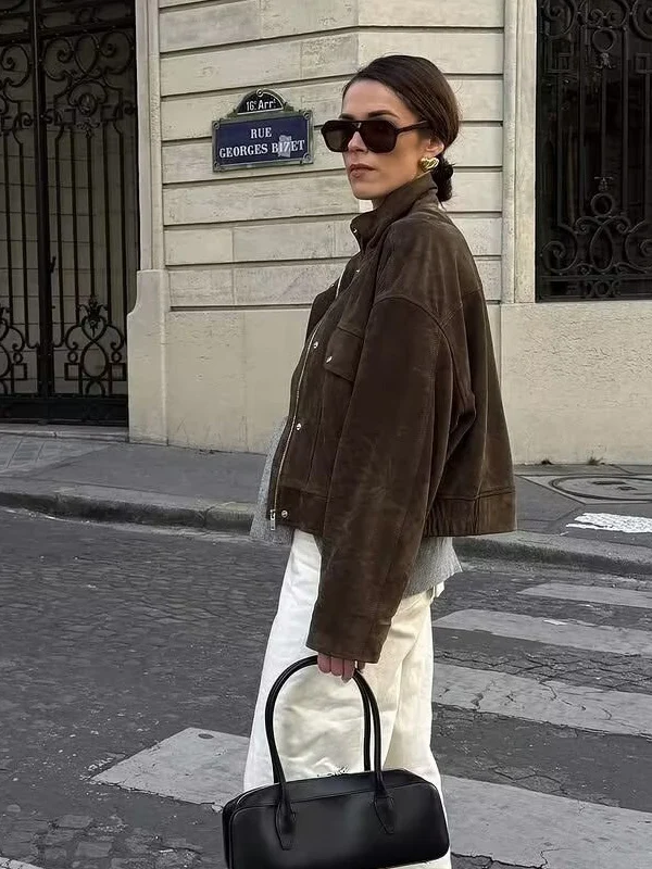 American Retro Deer Skin Velvet Jaet Women's ort Casual Motorcycle Jaet Top Loose Fit Regular Thin Spring Season