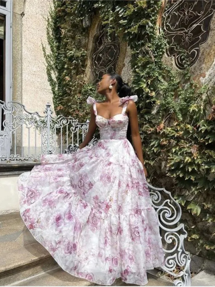 فستان أنيق للحفلات بدون أكمام كبير الحجم جديد لربيع وصيف بدون أكتاف للنساء، فستان سهرة طويل من الأورجانزا مطبوع على الموضة #2