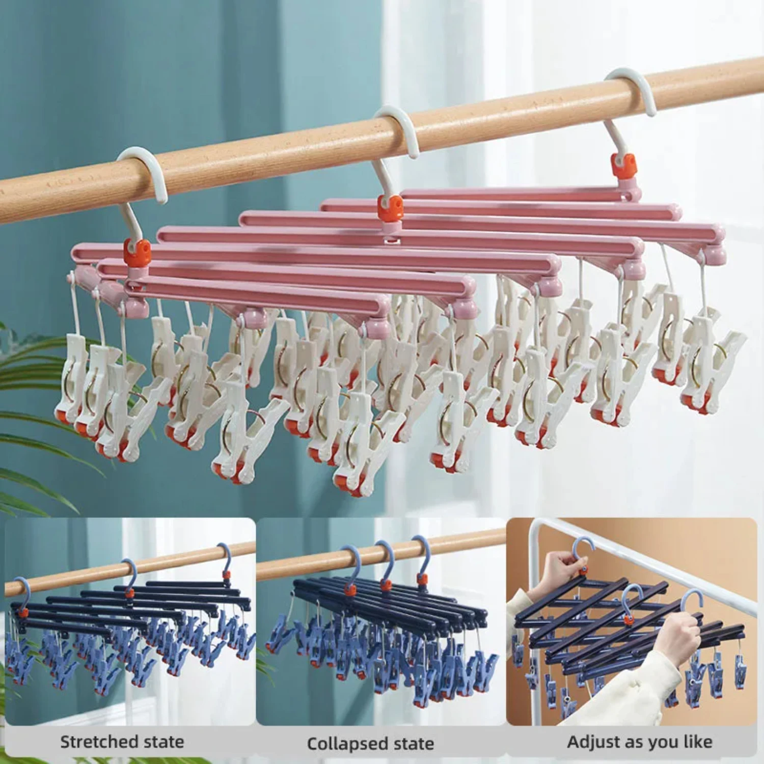 พับแขวนเสื้อผ้าตู้เสื้อผ้าOrganizerในครัวเรือนWindproof Multifunctional Clothespin 29 คลิปRetractable Drying Rack