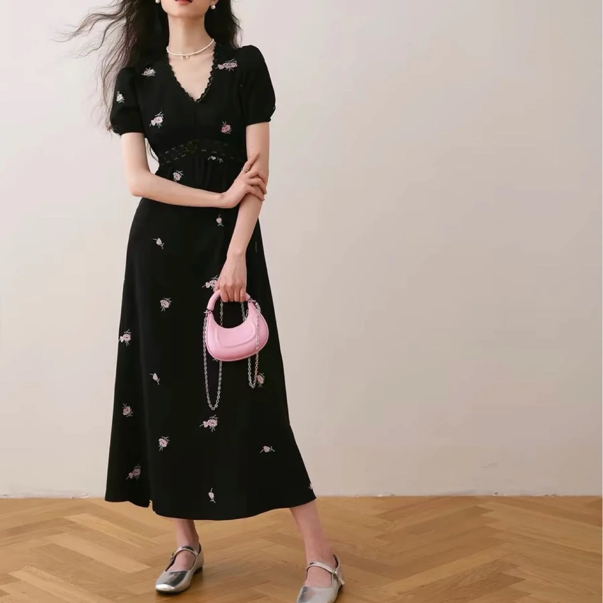 

French Puffed Sleeves Chiffon Floral Dress 2024 Summer New Elegant V-neck Long Dresses Women's Clothing Vestidos Largos Traf 원피스