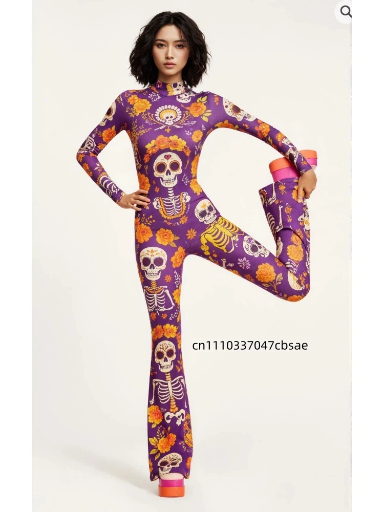 Damen Halloween Sugar Skull Bell Bottom Jumpsuit mit hohem Kragen, ausgestelltem Bein, Skelett- und Blumenmuster, Bodysuit für Day of the Dead Cosplay Festival Zentai – Detail 7