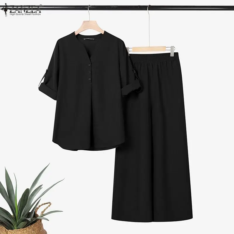 Damen Sommer-Hosenanzüge Halb-Knopfleiste Langarm-Bluse & Weite Hose 2-teiliges Set ZANZEA Tägliches Lässiges Lockeres Hosen-Set Outfit