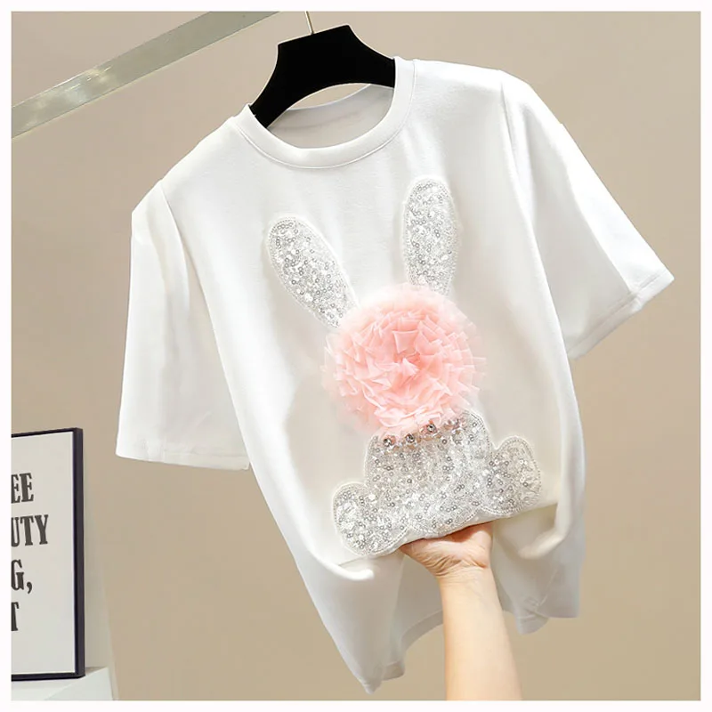 Heavy Industry Rabbit Sequins White Short-Sleeve T-shirt Women Sweet Contrast Color Mesh Cute Flowers Rabbit T Shirt Summer Tees