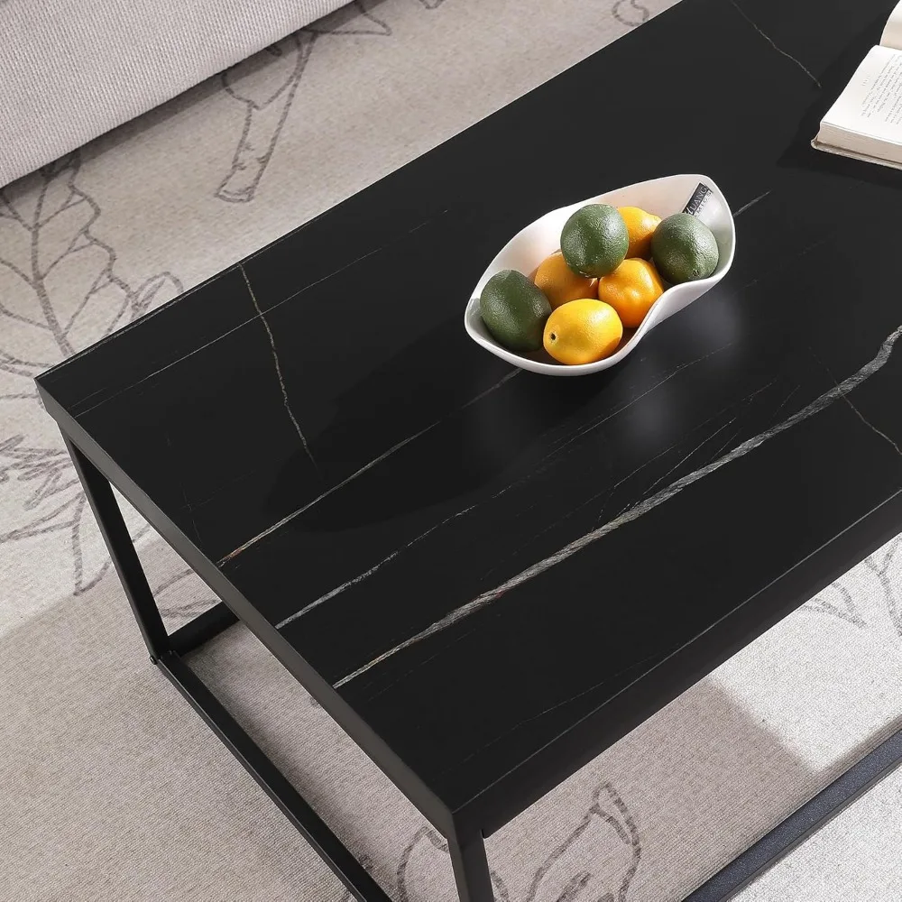 47 Modern Industrial Coffee Table - Black Marble Top with Wood and Metal Frame for Living Room