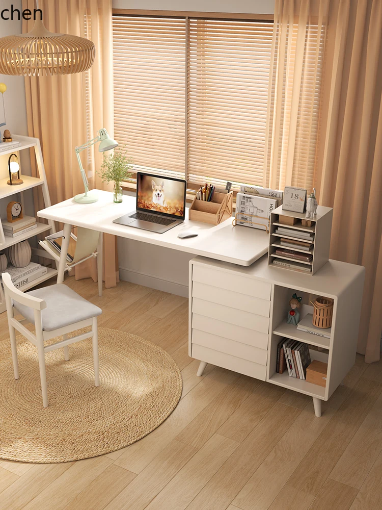 YFY Study Desk Corner Bookcase Integrated Solid Wood Retractable Computer Desk Study Table