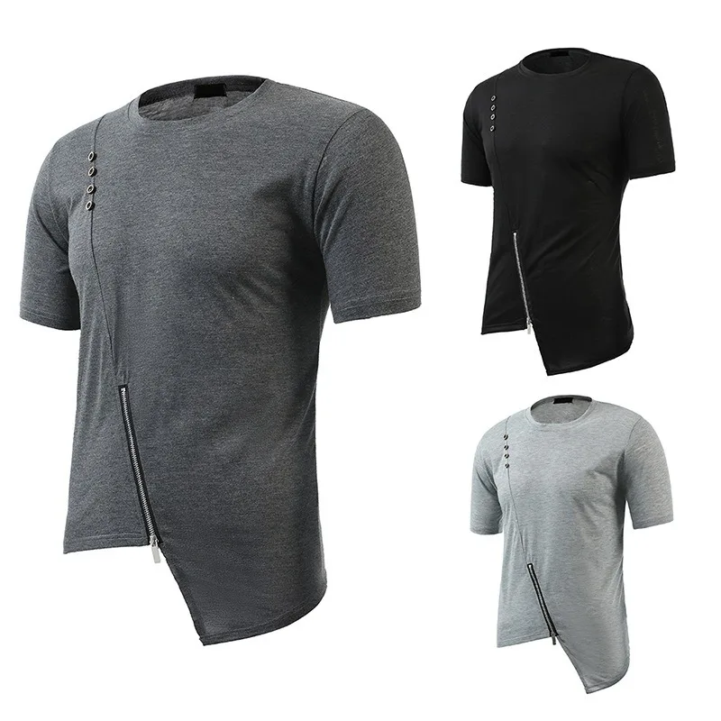 

Men Summer Casual Solid Color Tees Versatile Zipper Personalized Irregular Hem Tops Large Size Round Neck Short Sleeve T-shirt