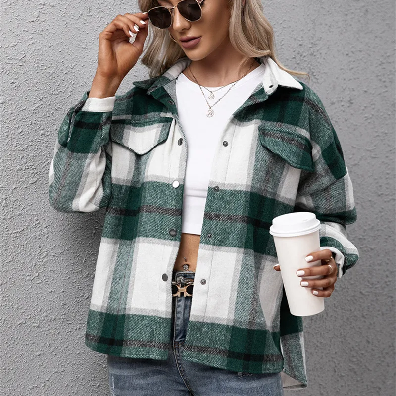 

Women's Plaid Casual irt Coat Autumn 2024 Button up Long Sve Thiened Outerwear Straight Cut Commute Sle