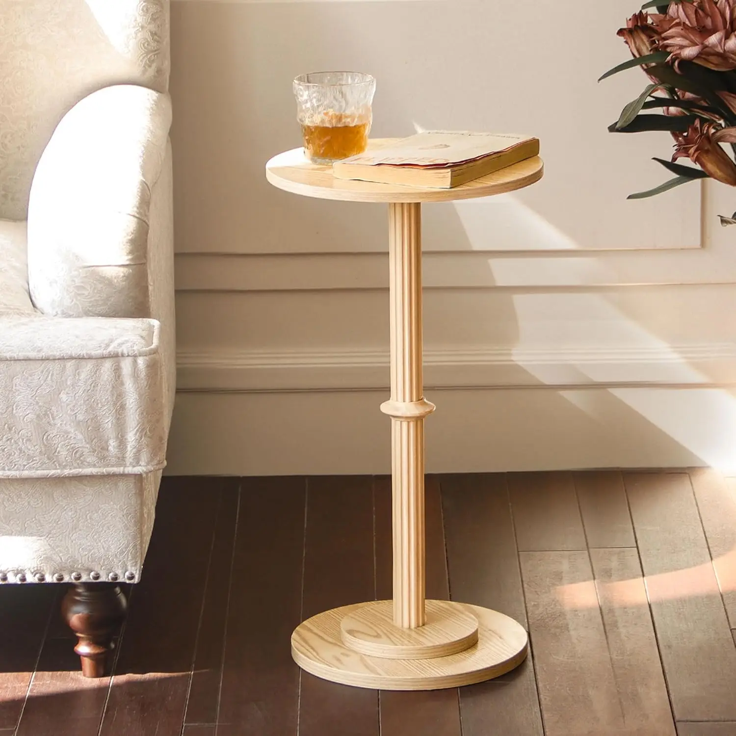 

Drink Table, Small Side Table for Small Spaces, Modern Round End Table with Fluted Wood Leg, Natural