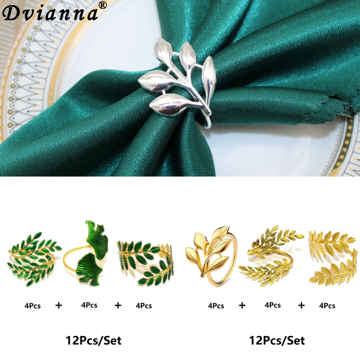 12Pcs Mixed Styles Napkin Rings Metal Leaf Napkin Buckle Holders for Dining Wedding Banquet Bridal Shower Parties Table Decor