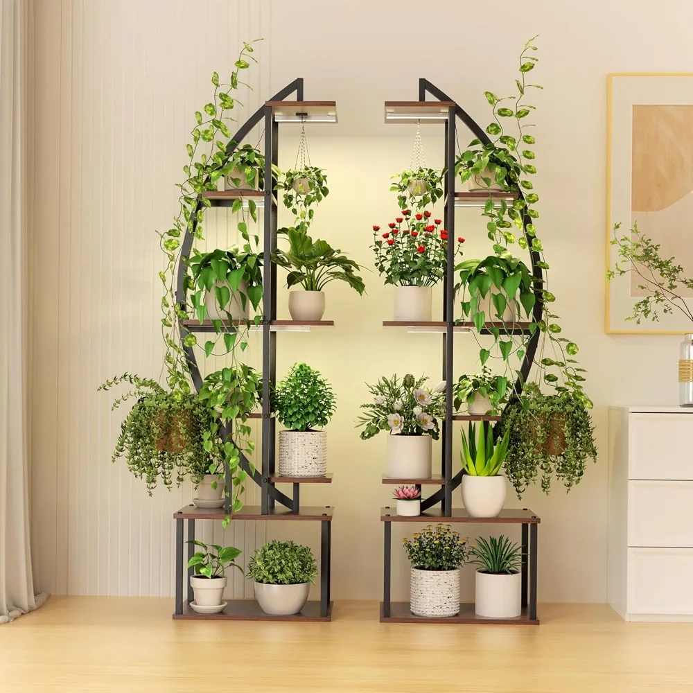 

plant stand indoor with grow lights 2 pack, 8 tiered 69" tall metal plants shelf, large plant rack flower stand for plants multi