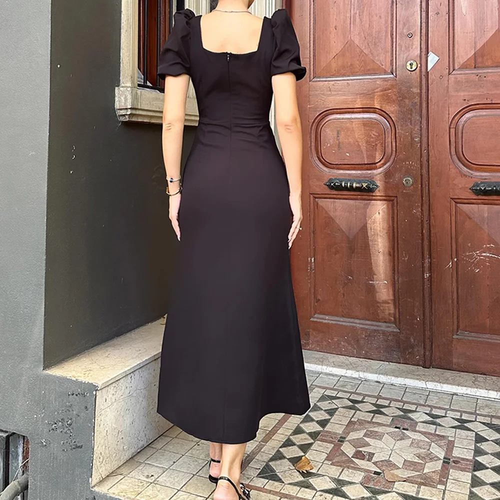 Elegant Off the Shoulder Jersey Evening Dresses Temperament A-Line Tea Length Square Neck Short Sleeves Special Occasion Gowns