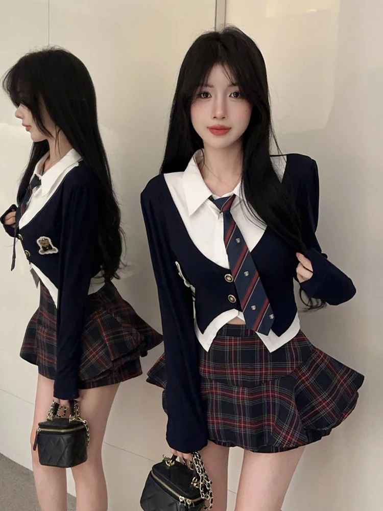 American College Style Jk Uniform Set Fake Two-Piece Long Sleeve Shirt High Waist Puffy Skirt Two-Piece Set Slimming Effect