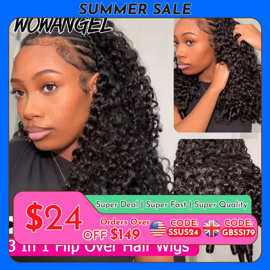 

Burmese Curly Flip Over Wigs 3 In 1 Wear Go Glueless Half Wig Human Hair with Drawstring Spiral End Seamless 250% Curly Hair
