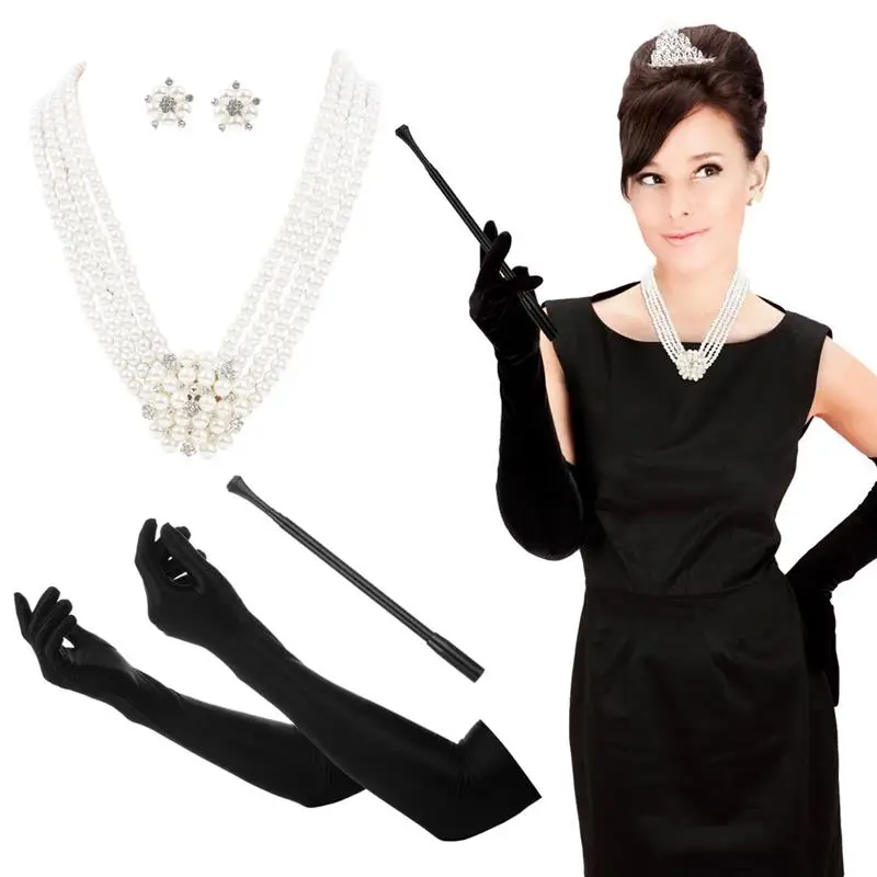 4Pcs 1920s Costume Accessories Audrey-Inspired Accessories Faux Pearl Necklace+Earrings+Extendable Holder+Satin Gloves Jewelry