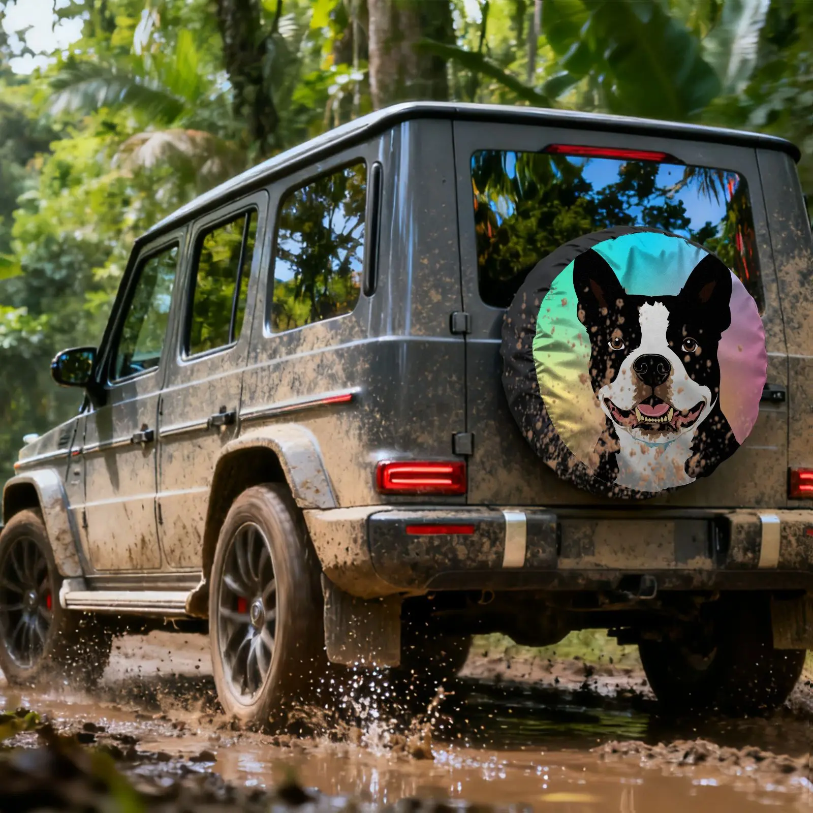 Cartoon Boston Terrier Pattern Tire Cover, Polyester Printed Spare Tire Cover, Outdoor Camping Decorative Tire Protector, Fits V