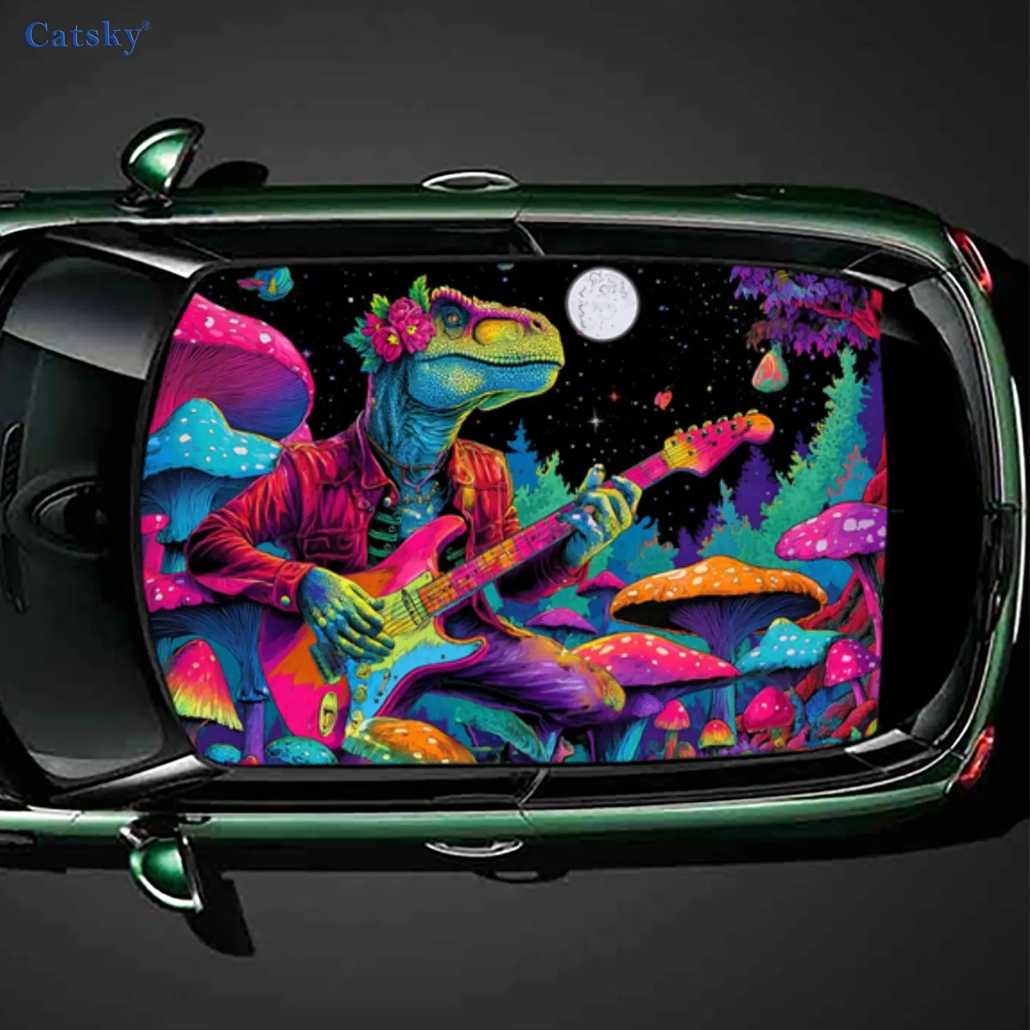 

Dinosaur playing guitar PVC material self-adhesive waterproof car roof sticker, paste firm and anti-ultraviolet, waterproof and