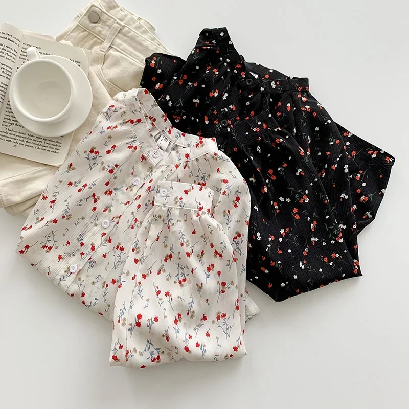 

Korean Style Women Ladies Loose Chiffon Floral Long Sleeve Button Up Shirt Blouse Round Neck Flower Blusas Boho Plus Size Summer