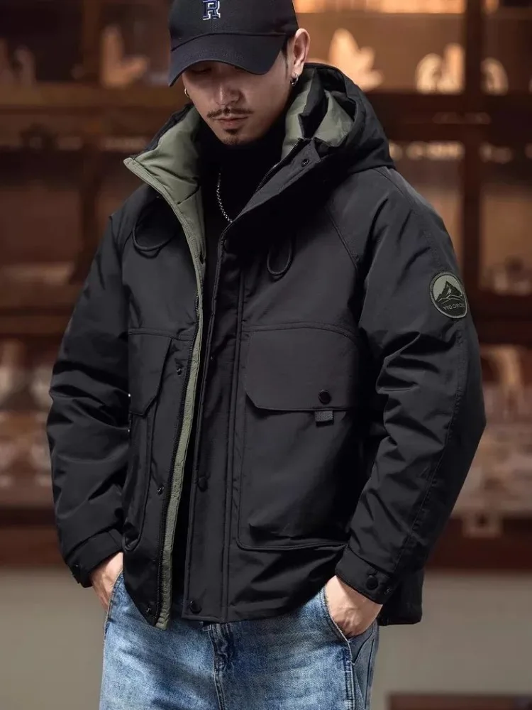 Brand Plus Size Vintage Cargo Down Jacket Men Winter Warm Puffer Jacket Duck Down Thick Hooded Jackets Windproof Loose New Coat