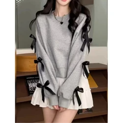 Street Casual Bow Patchwork Hoodies Sweatshirts Spring Autumn New Solid Loose Korean Short Tops Fashion Trend Women Clothing