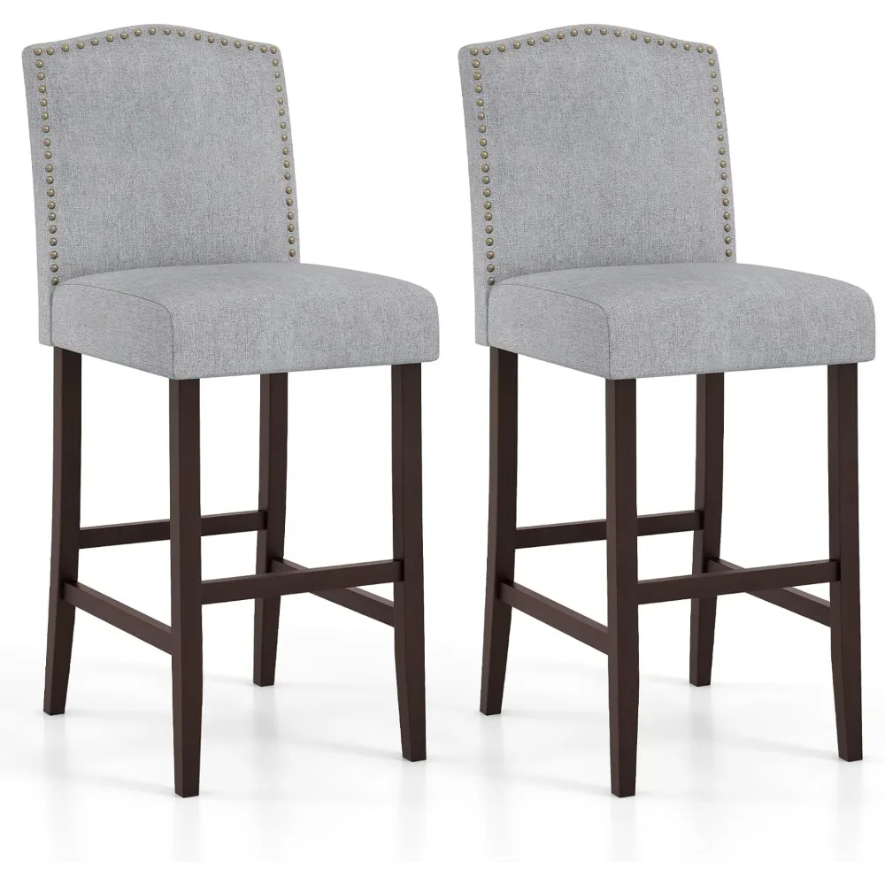 

30" Bar Stools Set of 2, Upholstered Bar Height Bar Chairs with Back & Rubber Wood Legs, Antique Nailhead Trim, Modern