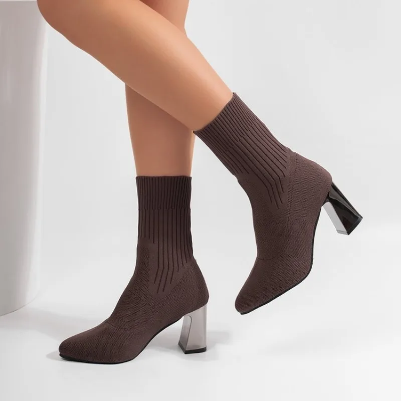 Damen 2026 Herbstmode Einfarbige Elastische Stiefel mit Spitze und Hohem Absatz, Markendesign Einfarbige Knöchelstiefel – Detail 12