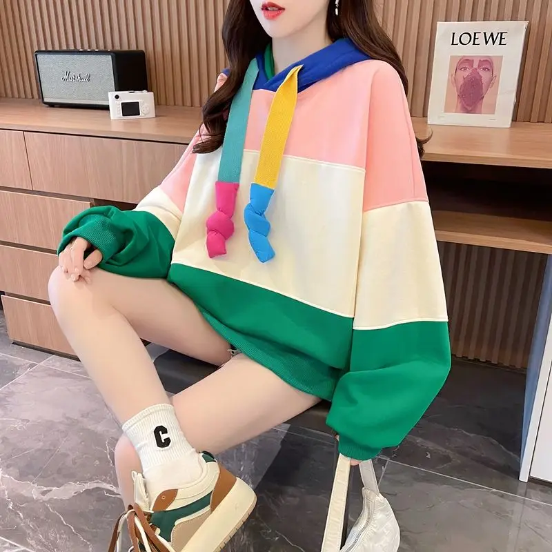 Personalized Contrasting Color Strap Sweatshirts Splicing Medium Long Hooded Women\'s Korean Casual Color Print Loose Pullovers
