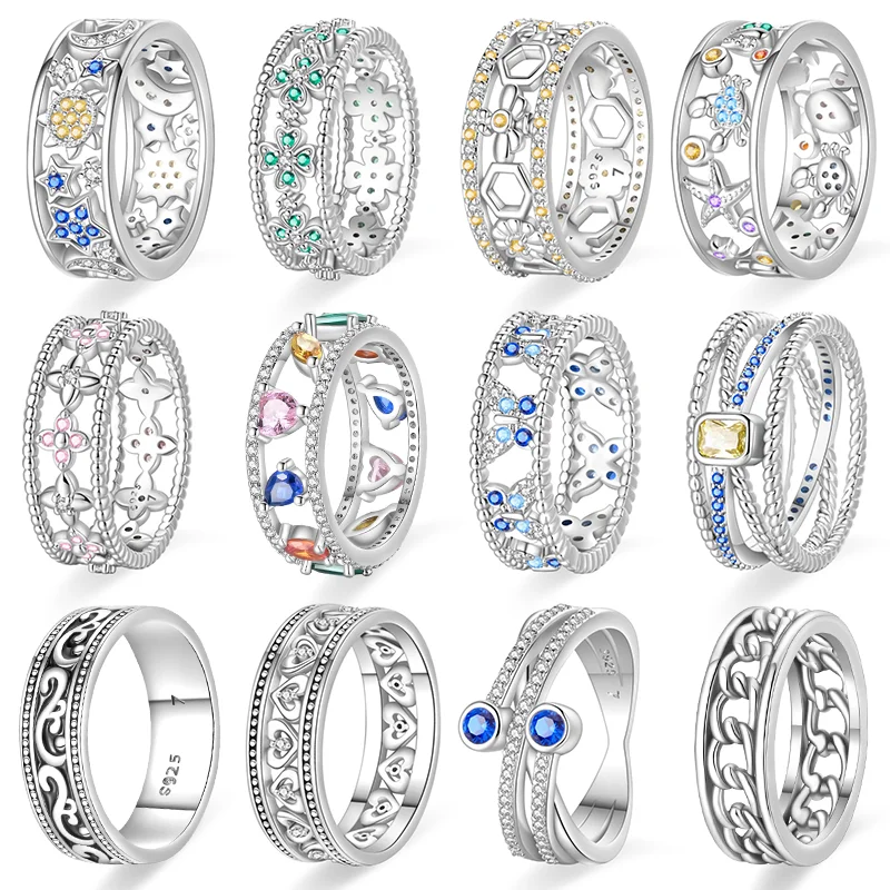 New 925 sterling silver four-leaf clover star moon ocean colorful hollow ring ladies fine engagement wedding party jewelry gift