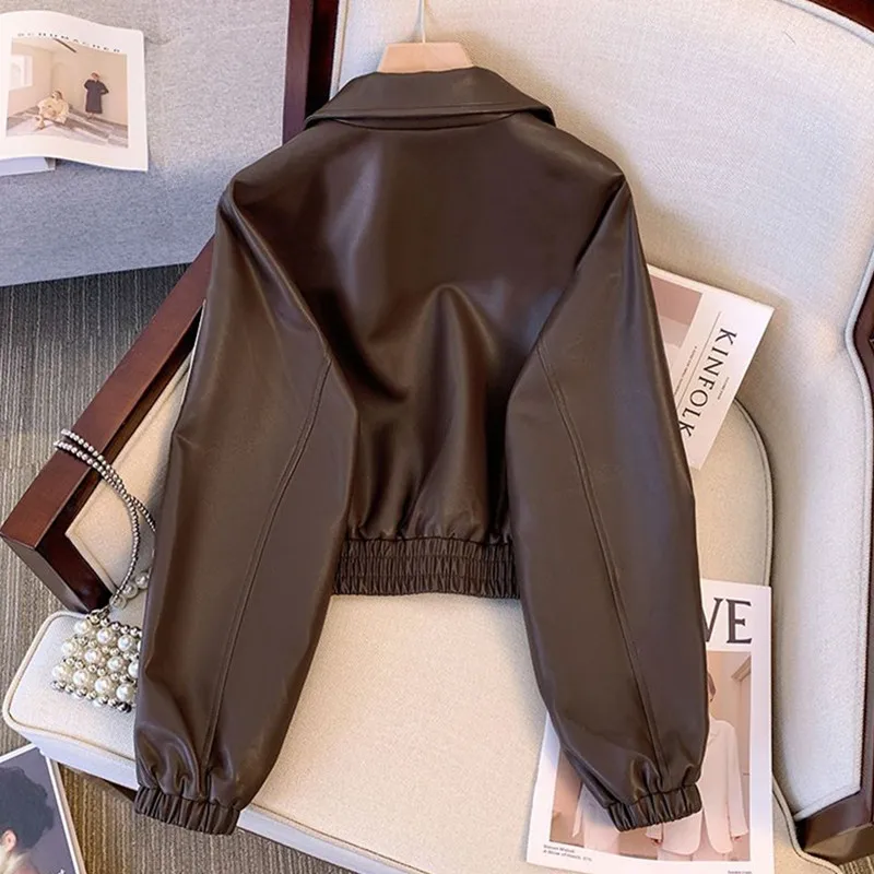 Chaqueta de cuero PU de alta gama para mujer, chaqueta de cuero de motocicleta versátil a la moda holgada, Top corto para primavera y otoño 2025