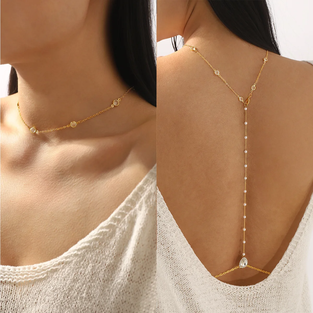 C0709 Simple and sexy integrated necklace body chain, temperament fashionable pearl diamond water drop back chain chest chain