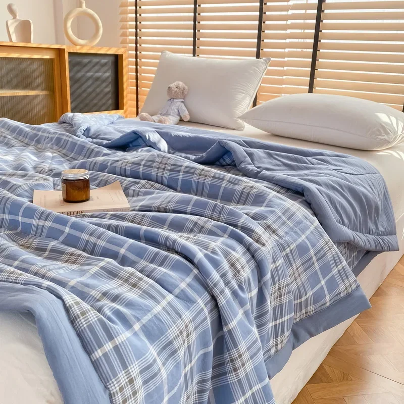 Japanese Plaid Printed Summer Thin Quilt Simple Breathable Air Conditioning Blanket for Office Soft Home Decoration for Bedroom