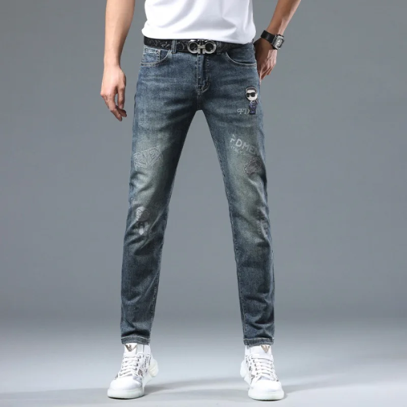 Calça simples masculina justa, artesanato nostálgico, calça skinny estampada com strass, jeans de algodão elástico, nova marca na moda, 2022