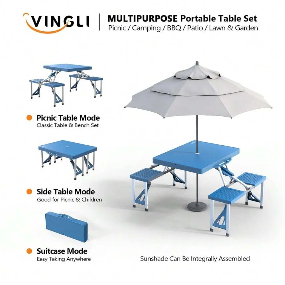 4 Ft Folding Camping Picnic Table Set with 4 Seats, Umbrella Hole, Aluminum Frame, 220 Lbs Capacity, Portable Suitcase Design, Plastic Tabletop for BBQ, Travel, Outdoor Gathering - view 4