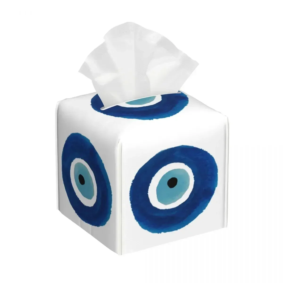 Custom Watercolor Evil Eye Nazar Painting Tissue Box Cover PU Leather Square Hamsa Lucky Charm Facial Tissues Holder for Office