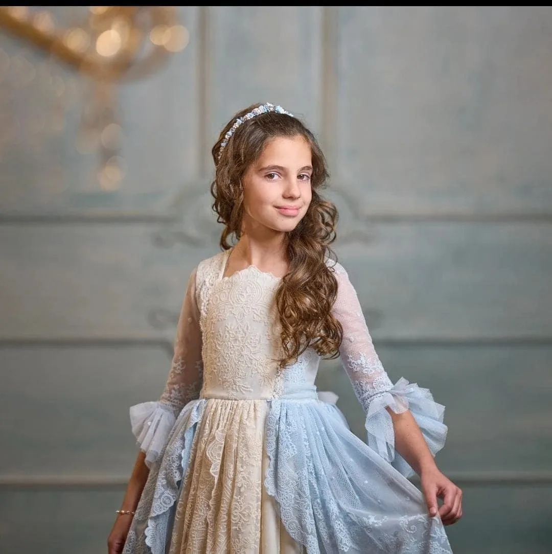 맞춤형 웨딩용 플라워 걸 드레스, 리본 레이스 파티, 첫 영성체 가운, 아플리케, 여자 어린이 생일