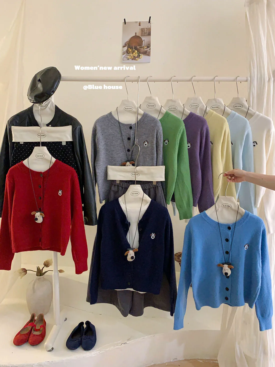 Chic Embroidered Dog Knitted Open Cardigan Sweater Women's Autumn Winter round Ne with Dog Pendant Knitted irt