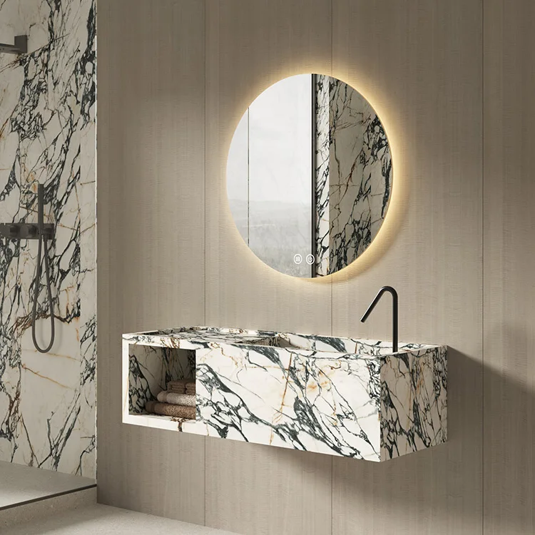 Modern Wall Hung Marble Basin Sink Luxury Stone Cabinet with Drainer for Hotel's Wash Hand Bathroom